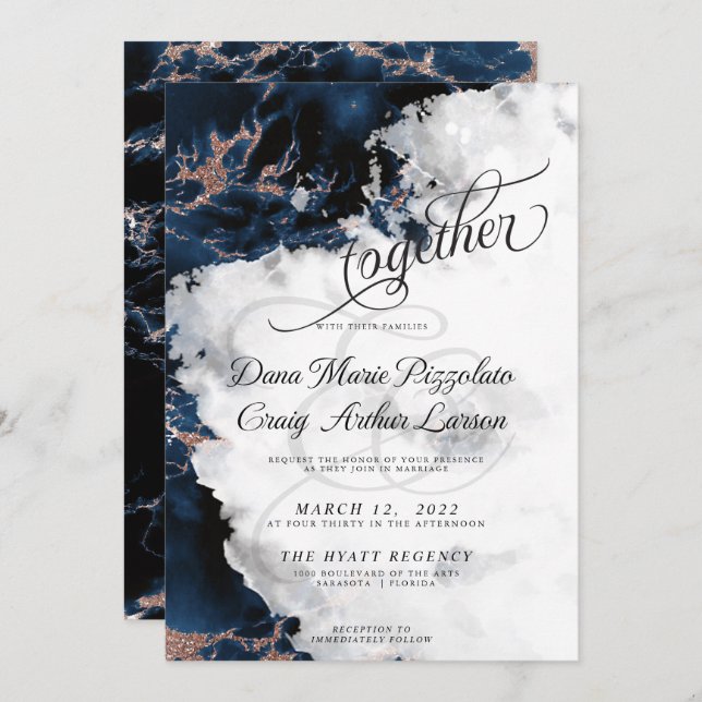 WEDDING | Navy Blue 4 Rose Gold Geode Watercolor  (Front/Back)