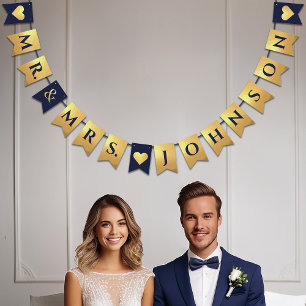 Wedding Navy Blue Faux Gold Hearts Mr. & Mrs. Name Bunting
