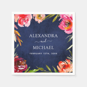 Wedding Navy Blue Floral Elegant Watercolor Napkin