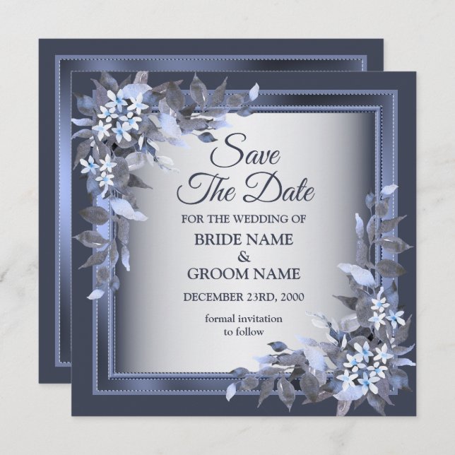 Wedding Navy Blue Floral Frame Silver Elegant Save The Date (Front/Back)