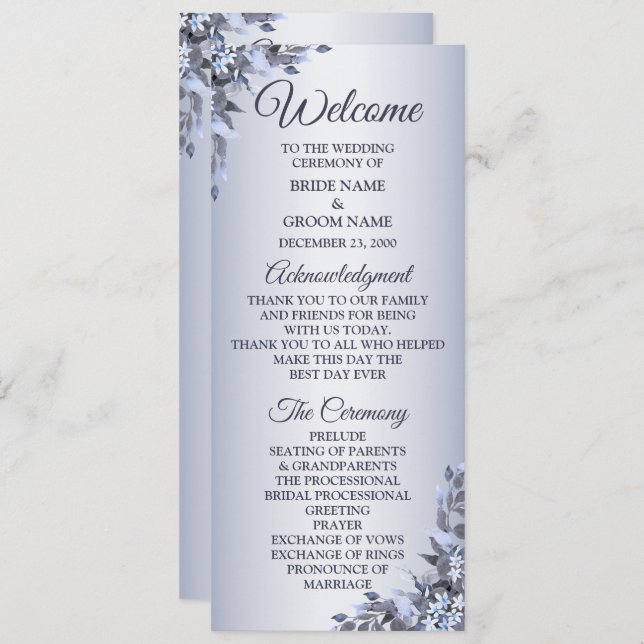 Wedding Navy Blue Floral Silver Elegant Welcome Programme (Front/Back)