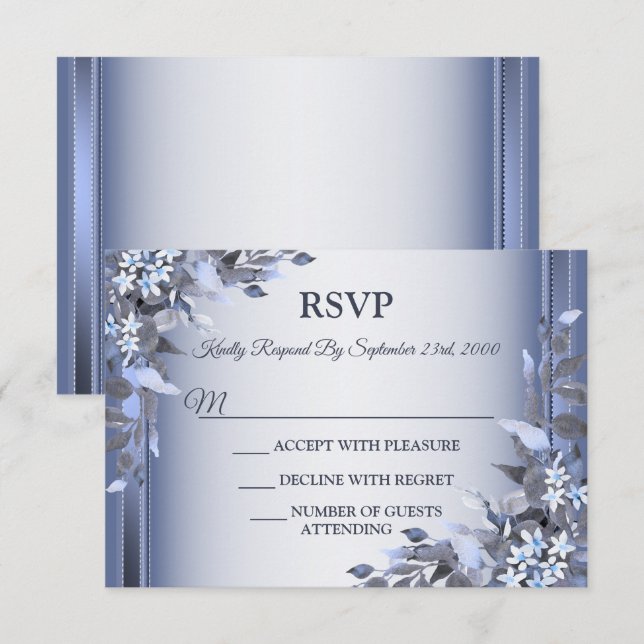 Wedding Navy Blue Floral Silver Grey Party RSVP Card (Front/Back)