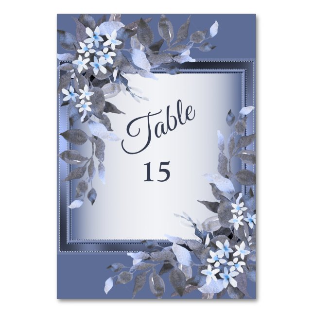 Wedding Navy Blue Floral Silver Grey Party Table Number (Front)