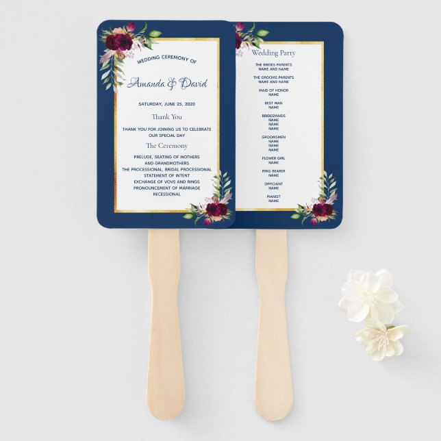 Wedding navy blue florals burgundy hand fan (Front and Back)