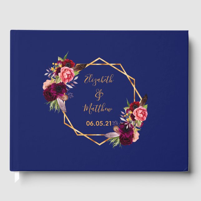 Wedding navy blue gold geometric floral burgundy guest book (Front)