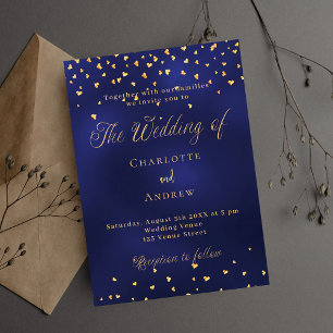 Wedding navy blue gold hearts script luxury invitation