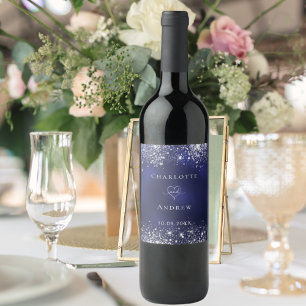 Wedding navy blue silver glitter bride groom wine label