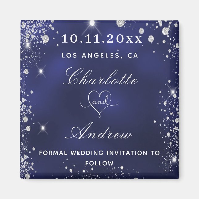 Wedding navy blue silver glitter save the date magnet (Front)