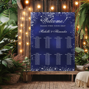 Wedding navy blue silver glitter seat chart