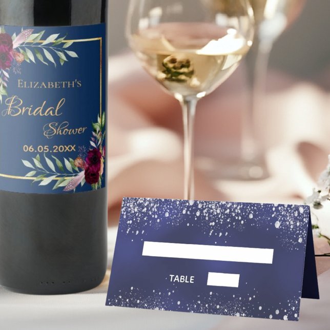Wedding navy blue silver glitter sparkles place card (Creator Uploaded)