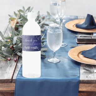 Wedding navy blue silver sparkles heart thank you water bottle label