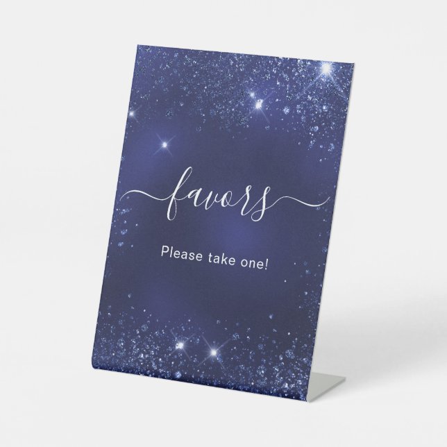 Wedding navy blue sparkles favours pedestal sign (Front)