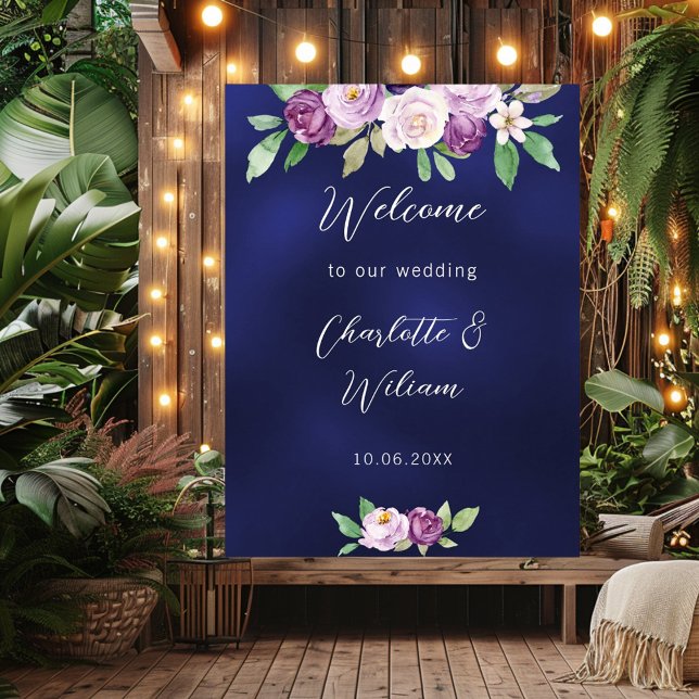 Wedding navy blue violet purple florals welcome poster (Creator Uploaded)