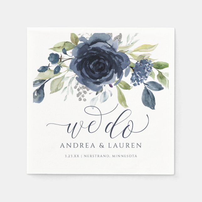 Wedding Navy Blue Watercolor Bouquet We Do Napkin (Front)