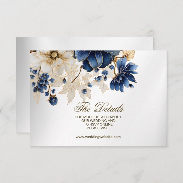Wedding Navy Blue White Golden Floral Silver Enclosure Card (Front/Back)