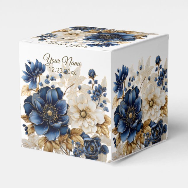 Wedding Navy Blue White Golden Floral Silver Favour Box (Front Side)
