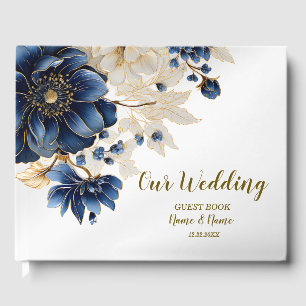 Wedding Navy Blue White Golden Floral Silver Guest Book