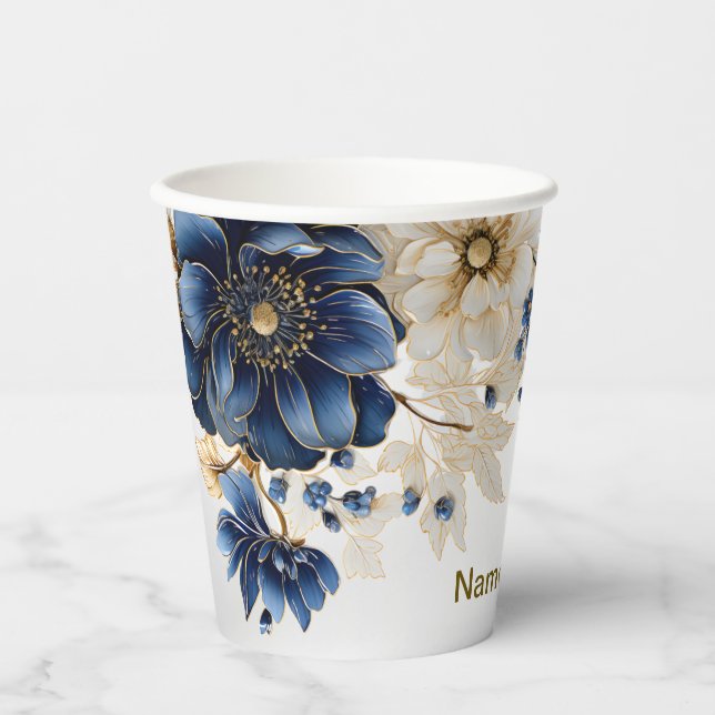 Wedding Navy Blue White Golden Floral Silver Paper Cups (Front)