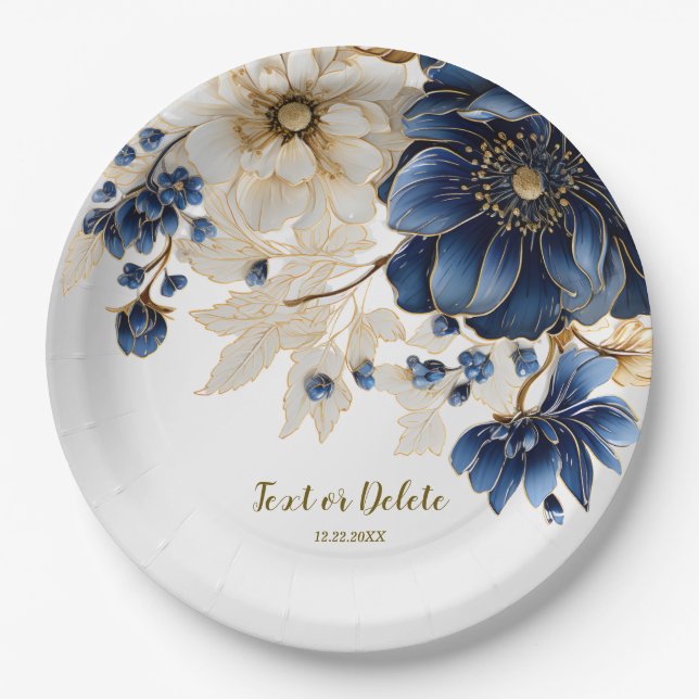 Wedding Navy Blue White Golden Floral Silver Paper Plate (Front)