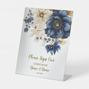 Wedding Navy Blue White Golden Floral Silver Pedestal Sign
