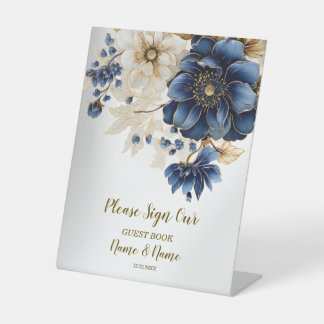 Wedding Navy Blue White Golden Floral Silver Pedestal Sign