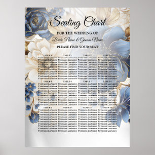 Wedding Navy Blue White Golden Floral Silver Poster