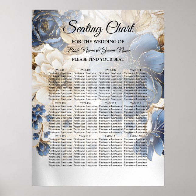 Wedding Navy Blue White Golden Floral Silver Poster (Front)