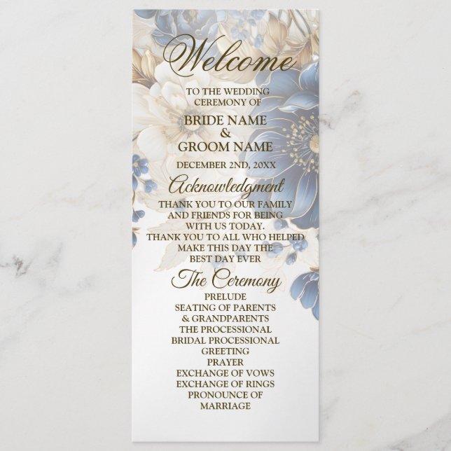 Wedding Navy Blue White Golden Floral Silver Programme (Front)