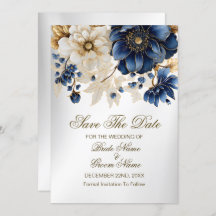 Wedding Navy Blue White Golden Floral Silver