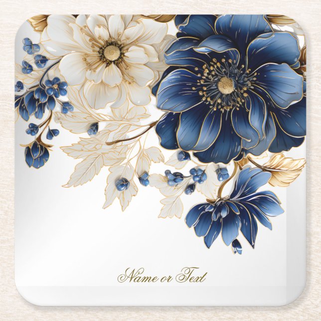 Wedding Navy Blue White Golden Floral Silver Square Paper Coaster (Front)
