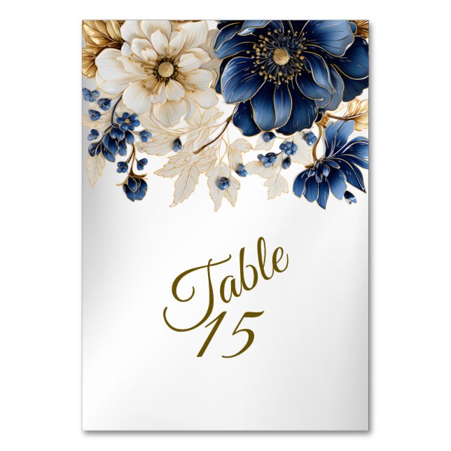 Wedding Navy Blue White Golden Floral Silver Table Number (Front)