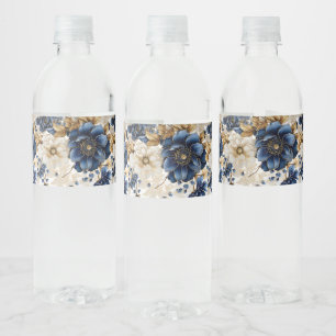 Wedding Navy Blue White Golden Floral Silver Water Bottle Label