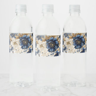 Wedding Navy Blue White Golden Floral Silver Water Bottle Label