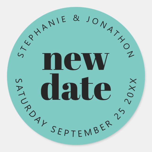 Wedding New Date Names simple text black teal Classic Round Sticker (Front)