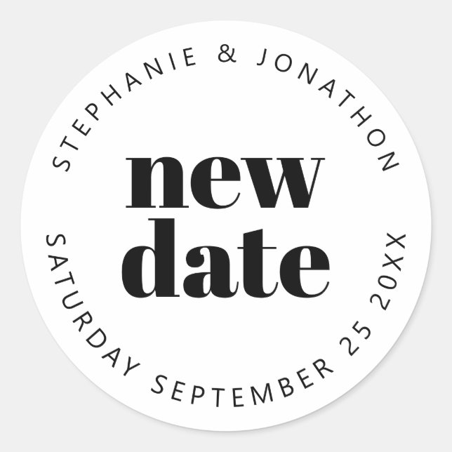 Wedding New Date Names simple text black white Classic Round Sticker (Front)