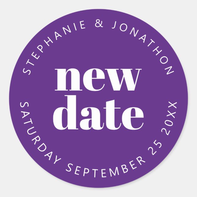 Wedding New Date Names simple text White Purple Classic Round Sticker (Front)