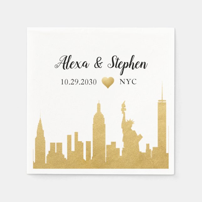 Wedding New York City Heart NYC Skyline Gold Napkin (Front)