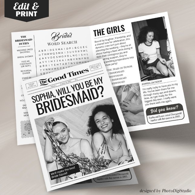 Wedding Newspaper Bridesmaid Proposal Card 4 pages (Editable Bridesmaid Proposal 4 pages, Custom Bridesmaid Newspaper )