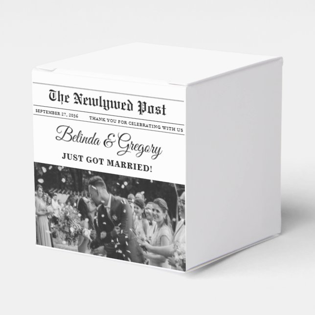 Wedding Newspaper Fun Black & White Photo Wedding  Favour Box (Front Side)