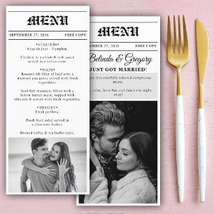 Wedding Newspaper Fun Black & White Photo Wedding  Menu