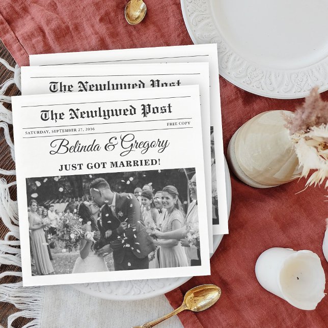 Wedding Newspaper Fun Black & White Photo Wedding  Napkin (Wedding Newspaper Fun Black & White Photo Wedding Napkins)