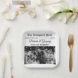 Wedding Newspaper Fun Black & White Photo Wedding  Paper Plate