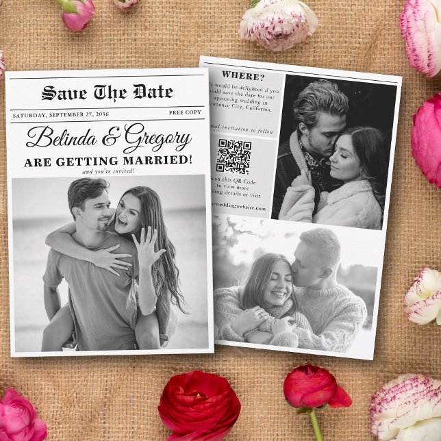 Wedding Newspaper Fun Black & White Photo Wedding  Save The Date (Wedding Newspaper Fun Black & White Photo Wedding Save The Date)