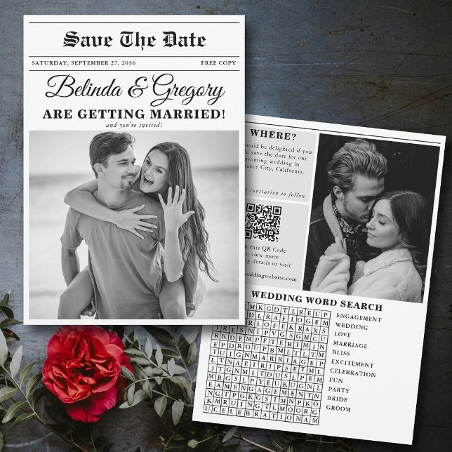 Wedding Newspaper Fun Black & White Photo Wedding  Save The Date (Wedding Newspaper Fun Black & White Photo Wedding Save The Date)