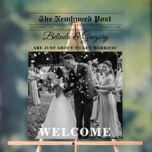 Wedding Newspaper Fun Black & White Photo Welcome Acrylic Sign