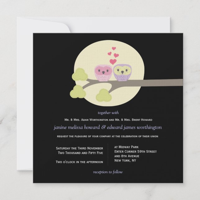 Wedding Night Owls Cute Illustration Invite (Front)