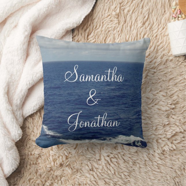 Wedding Ocean Waves Name Throw Pillow (Blanket)