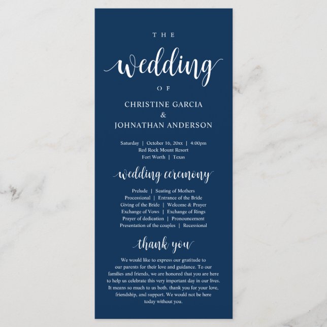Wedding of, Modern Wedding Ceremony, Navy Blue Pro Programme (Front)