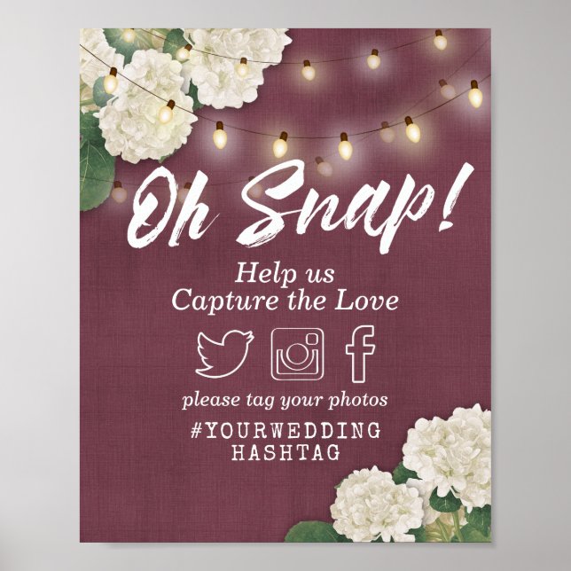 Wedding Oh Snap Hashtag Hydrangeas & String Lights Poster (Front)