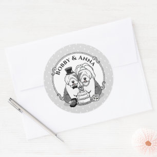 Wedding Old English Sheepdogs Bride Groom Grey 1 Classic Round Sticker